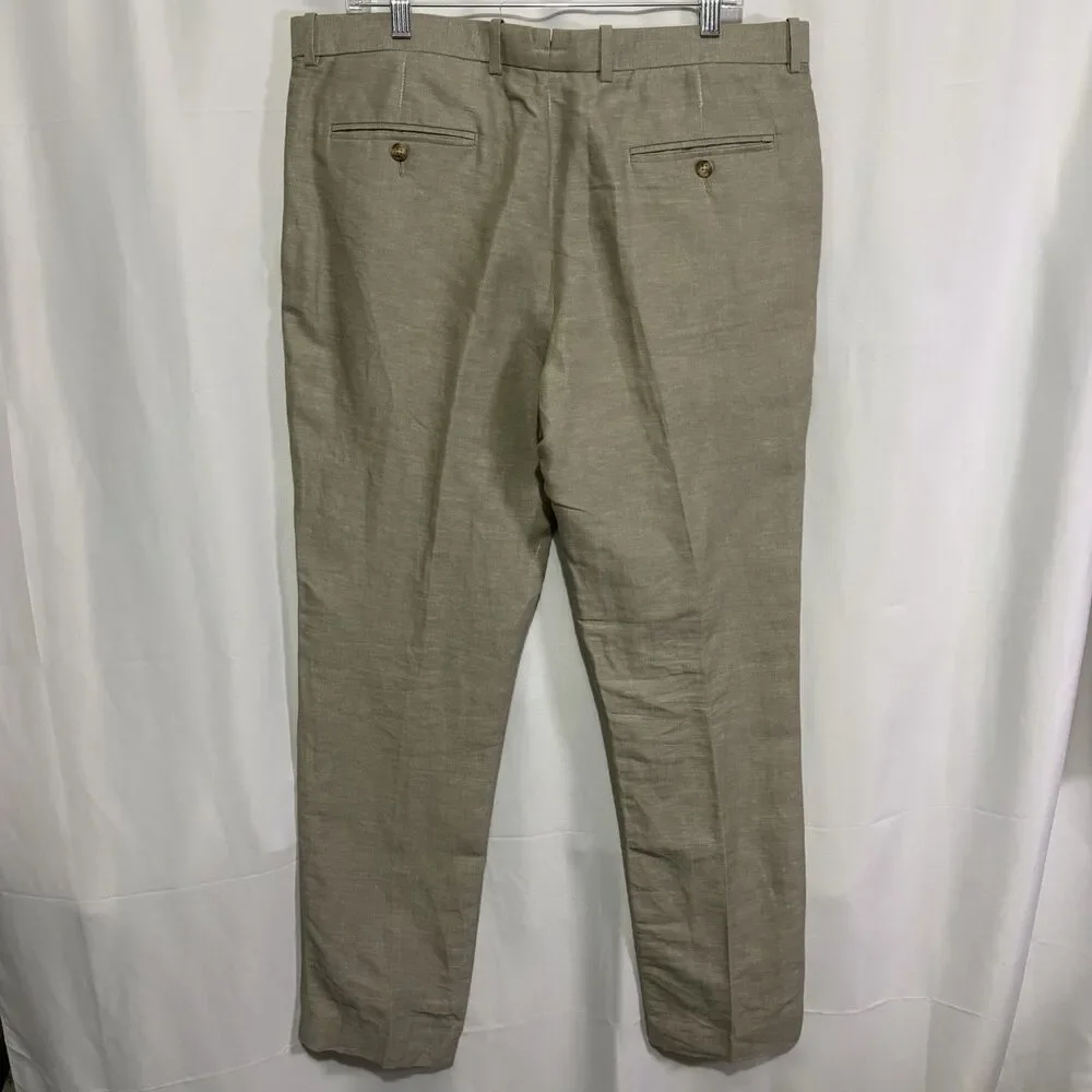 Perry Ellis Pants Mens 36 X 32 Slim Fit Linen Blend Chino Slacks Beige Khaki